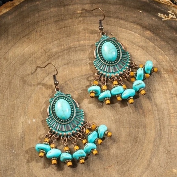 Boho Turquoise Stone Beaded Tassel Drop Earrings - Picture 1 of 2